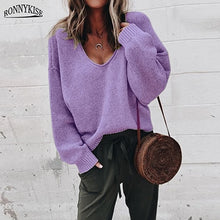 Load image into Gallery viewer, RONNYKISE Sexy V-neck Knitted Sweaters Women Fashion Long Sleeve Casual Tops Autumn Winter Sweaters