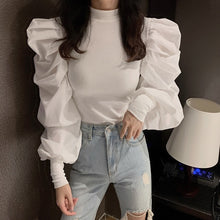Load image into Gallery viewer, Woherb Korean Fashion Black Pullovers Half Turtleneck Long Puff Sleeve Jumpers Solid Patchwork Slim Sweater Women Autumn New