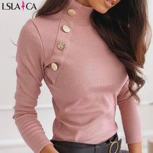 Load image into Gallery viewer, Kinted sweater women long sleeve button detail Solid Ribbed Design Sweater turtlneck casual office bottming winter sweater women