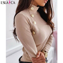 Load image into Gallery viewer, Kinted sweater women long sleeve button detail Solid Ribbed Design Sweater turtlneck casual office bottming winter sweater women