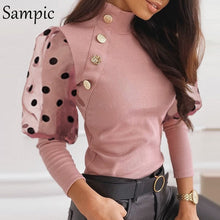 Load image into Gallery viewer, Sampic casual pink button fashion pullovers sweater tops women mesh patchwork turtleneck puff dot long sleeve knitted sweater