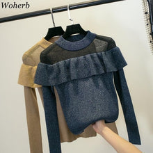Load image into Gallery viewer, Woherb Korean New Sweater Women Ruffles O Neck Long Sleeve Bright Silk Pullovers See Through Patchwork Fashion Jumpers 91077