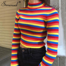 Load image into Gallery viewer, Simenual Rainbow stripes sweater jumper knitwear 2018 fashion slim sexy women's turtlenecks sweaters and pullovers colorful pull
