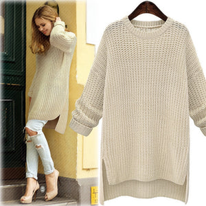 2019 Winter Midi Long Thick Sweaters for Women New Irregular O-Neck Cute Solid Knitted Pullovers Girls Lady Casual Split Sweater