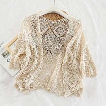 Load image into Gallery viewer, Knitted Shrug Women Bohemian Style Midi Sleeve Lace Open Cardigan Short Knitting Outwear Hollow Out Sweater Geometric Tops
