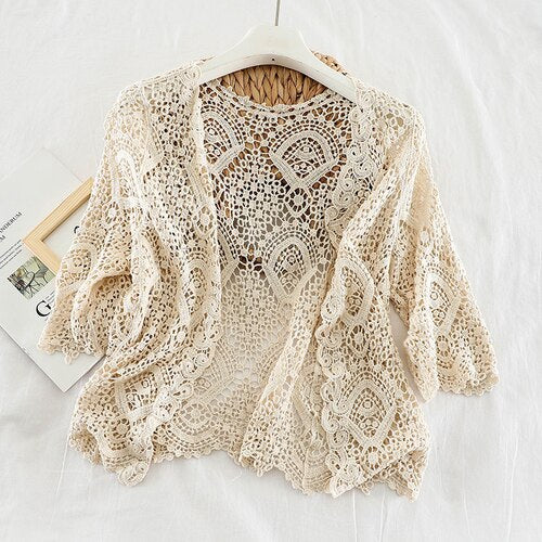 Knitted Shrug Women Bohemian Style Midi Sleeve Lace Open Cardigan Short Knitting Outwear Hollow Out Sweater Geometric Tops