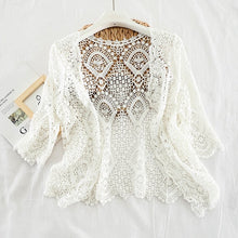 Load image into Gallery viewer, Knitted Shrug Women Bohemian Style Midi Sleeve Lace Open Cardigan Short Knitting Outwear Hollow Out Sweater Geometric Tops
