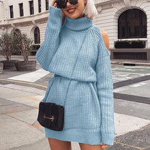 Load image into Gallery viewer, Danjeaner Autumn Winter Turtleneck Off Shoulder Knitted Sweater Dress Women Solid Slim Plus Size Long Pullovers Knitting Jumper
