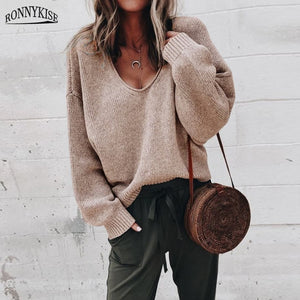 RONNYKISE Sexy V-neck Knitted Sweaters Women Fashion Long Sleeve Casual Tops Autumn Winter Sweaters