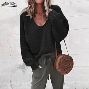 RONNYKISE Sexy V-neck Knitted Sweaters Women Fashion Long Sleeve Casual Tops Autumn Winter Sweaters