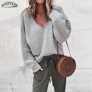 RONNYKISE Sexy V-neck Knitted Sweaters Women Fashion Long Sleeve Casual Tops Autumn Winter Sweaters