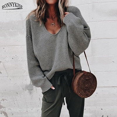 RONNYKISE Sexy V-neck Knitted Sweaters Women Fashion Long Sleeve Casual Tops Autumn Winter Sweaters