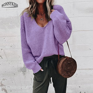 RONNYKISE Sexy V-neck Knitted Sweaters Women Fashion Long Sleeve Casual Tops Autumn Winter Sweaters