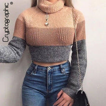 Load image into Gallery viewer, Cryptographic Fashion Women&#39;s  Turtlenecks Sweaters Striped Long Sleeve Knitted Pullovers Females Jumpers Cropped Sweaters Fall
