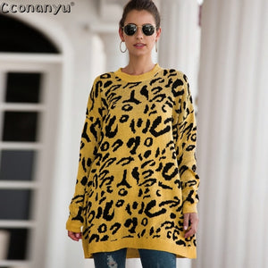 2019 Autumn winter clothing ladies long sweater fashion womens loose pullovers and sweaters leopard print knitted sweater