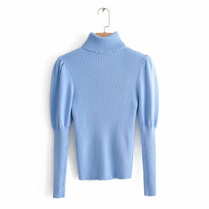 2019 women fashion turtleneck puff sleeve basic knitting sweater autumn solid color casual slim pullovers chic leisure tops S086