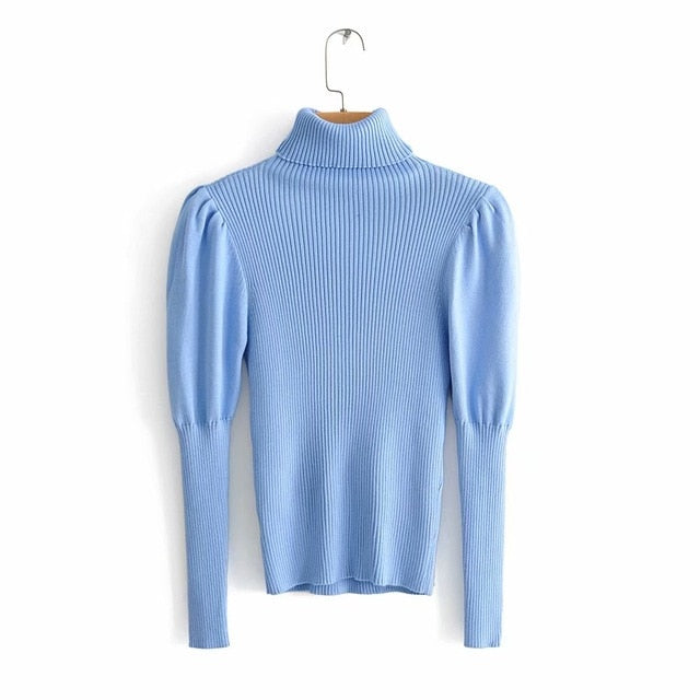 2019 women fashion turtleneck puff sleeve basic knitting sweater autumn solid color casual slim pullovers chic leisure tops S086