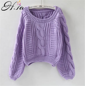 H.SA 2019 Women Winter Clothes Korean Style Pink Pull Jumpers Solid Chic Short Sweater Twisted Pull Femme kawaii Pullover ropa