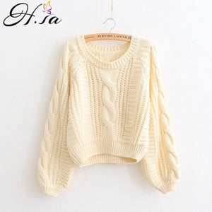 H.SA 2019 Women Winter Clothes Korean Style Pink Pull Jumpers Solid Chic Short Sweater Twisted Pull Femme kawaii Pullover ropa