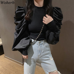 Woherb Korean Fashion Black Pullovers Half Turtleneck Long Puff Sleeve Jumpers Solid Patchwork  Slim Sweater Women Autumn New