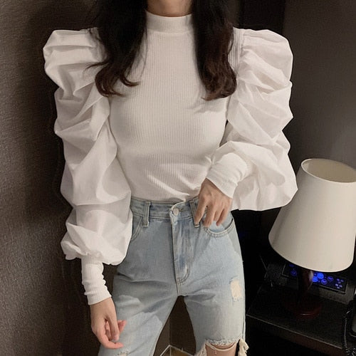 Woherb Korean Fashion Black Pullovers Half Turtleneck Long Puff Sleeve Jumpers Solid Patchwork  Slim Sweater Women Autumn New