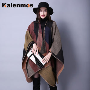 Blanket Scarf Fall Winter Thick Wrap Poncho Women Plaid Travel Shawl Imitation Cashmere Capes National Wind Fork Thicker Cloak