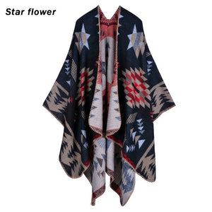 Blanket Scarf Fall Winter Thick Wrap Poncho Women Plaid Travel Shawl Imitation Cashmere Capes National Wind Fork Thicker Cloak