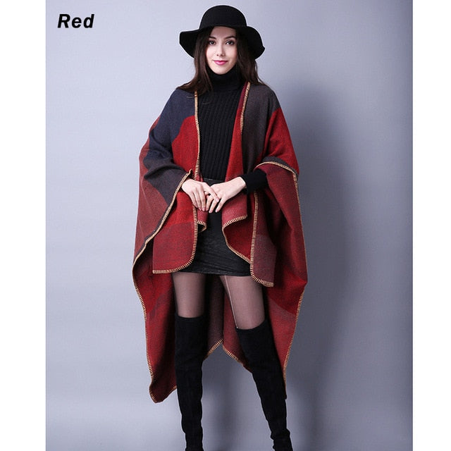 Blanket Scarf Fall Winter Thick Wrap Poncho Women Plaid Travel Shawl Imitation Cashmere Capes National Wind Fork Thicker Cloak