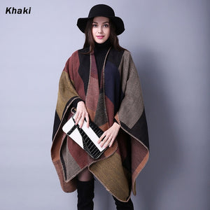 Blanket Scarf Fall Winter Thick Wrap Poncho Women Plaid Travel Shawl Imitation Cashmere Capes National Wind Fork Thicker Cloak