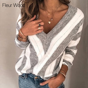 FLEUR WOOD Sexy Sweater Women Stripe Vneck Autumn Winter Sweater Pullover Women Female Knitted Sweater Loose Long Sleeve Sweater