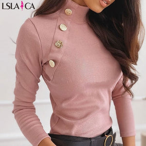 Kinted sweater women long sleeve button detail Solid Ribbed Design Sweater turtlneck casual office bottming winter sweater women