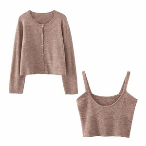 ZA 2020 spring new women's solid khaki cardigan knitted sweater Casual two pieces set fashion streetwear sexy female tops