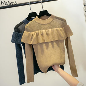 Woherb Korean New Sweater Women Ruffles O Neck Long Sleeve Bright Silk Pullovers See Through Patchwork Fashion Jumpers 91077