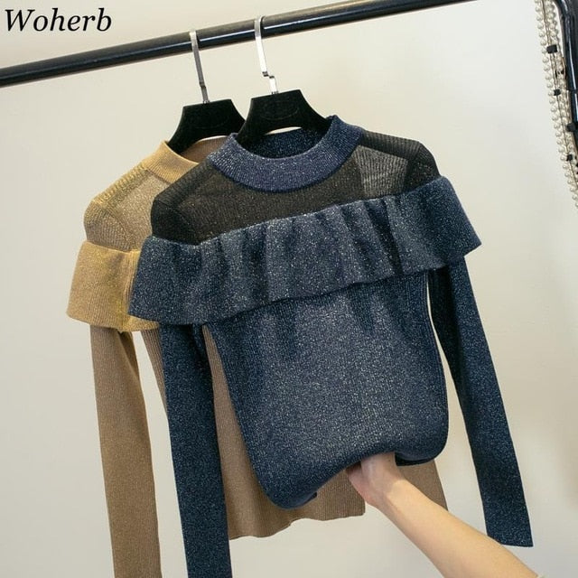 Woherb Korean New Sweater Women Ruffles O Neck Long Sleeve Bright Silk Pullovers See Through Patchwork Fashion Jumpers 91077