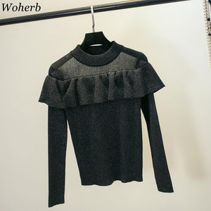 Woherb Korean New Sweater Women Ruffles O Neck Long Sleeve Bright Silk Pullovers See Through Patchwork Fashion Jumpers 91077