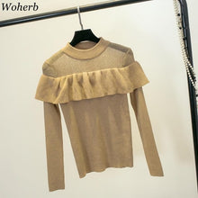 Load image into Gallery viewer, Woherb Korean New Sweater Women Ruffles O Neck Long Sleeve Bright Silk Pullovers See Through Patchwork Fashion Jumpers 91077
