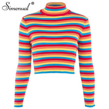 Load image into Gallery viewer, Simenual Rainbow stripes sweater jumper knitwear 2018 fashion slim sexy women&#39;s turtlenecks sweaters and pullovers colorful pull
