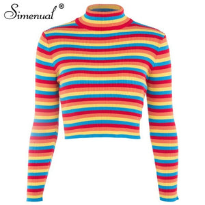 Simenual Rainbow stripes sweater jumper knitwear 2018 fashion slim sexy women's turtlenecks sweaters and pullovers colorful pull