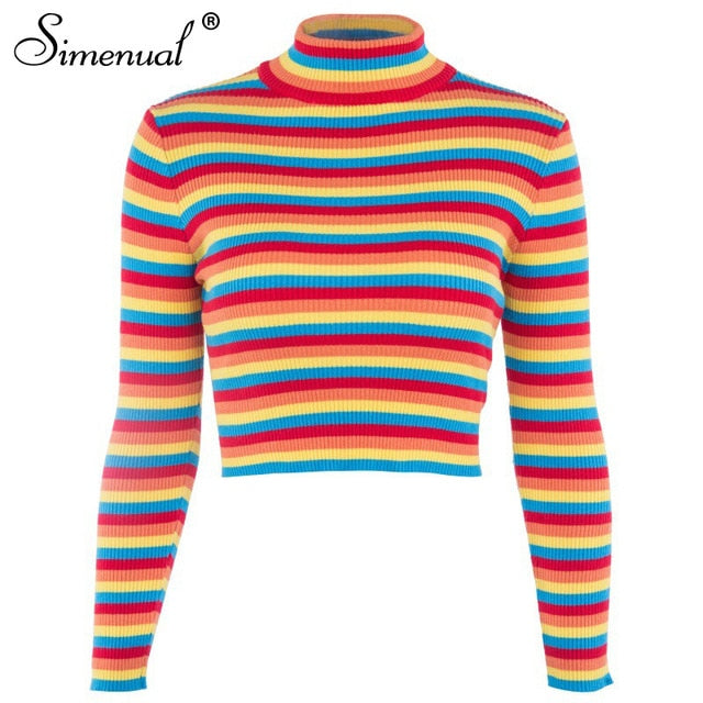 Simenual Rainbow stripes sweater jumper knitwear 2018 fashion slim sexy women's turtlenecks sweaters and pullovers colorful pull