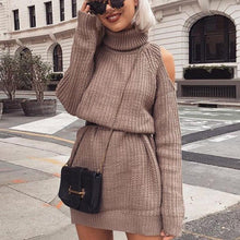 Load image into Gallery viewer, Danjeaner Autumn Winter Turtleneck Off Shoulder Knitted Sweater Dress Women Solid Slim Plus Size Long Pullovers Knitting Jumper
