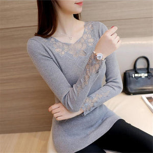 New Autumn Winter Sweaters Women Hot Sale Embroidery Lace Hollow Long Sleeve Pullovers Slim Knitted Sweater Female Tops Femme