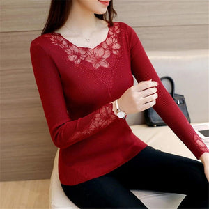 New Autumn Winter Sweaters Women Hot Sale Embroidery Lace Hollow Long Sleeve Pullovers Slim Knitted Sweater Female Tops Femme