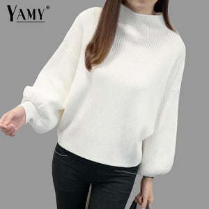 Winter Women Sweaters Fashion red white Turtleneck lantern Sleeve Pullovers Loose Knitted Sweaters Female Jumper Tops 2019